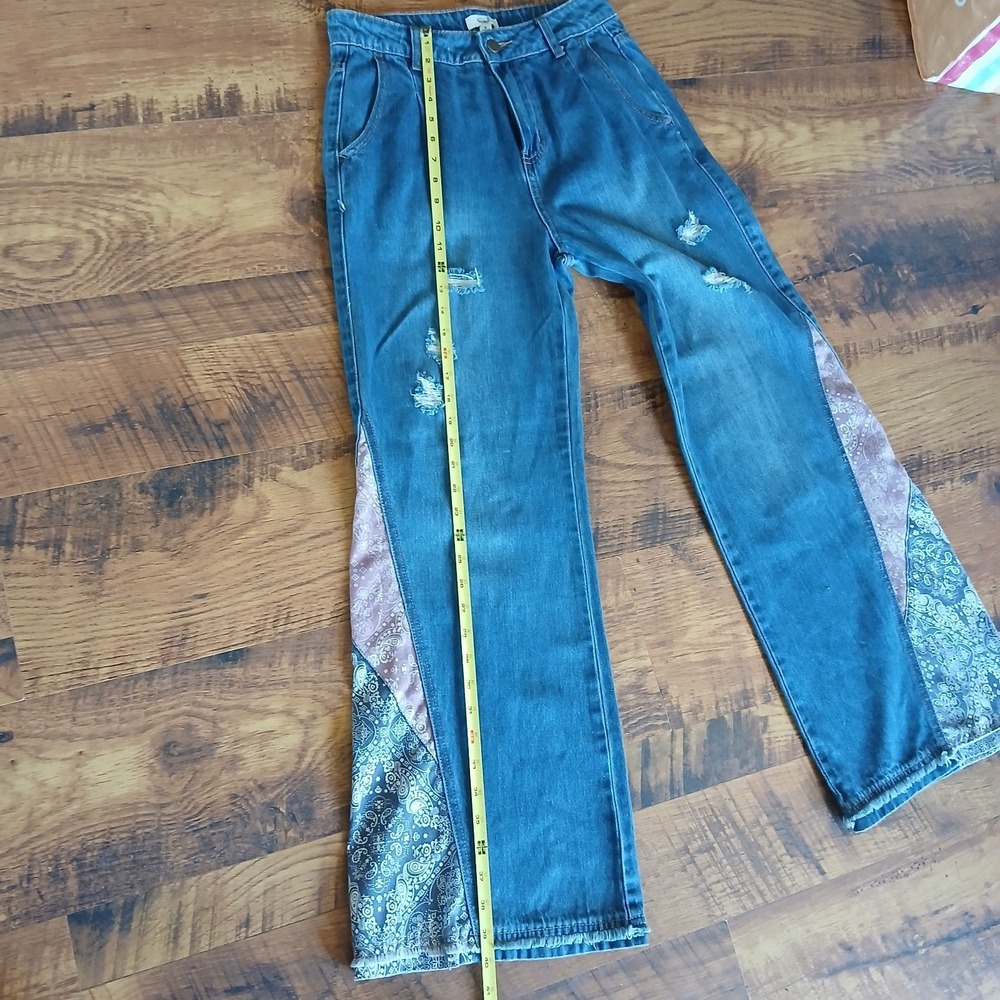Easel Los Angeles Pieced Bandana Patchwork Fabric Flared Jeans Size S - Picture 10 of 16